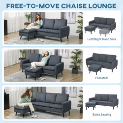 HOMCOM 3 Seater Corner Sofa Couch Settee with Chaise Lounge, Charcoal Grey