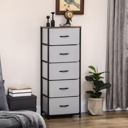 HOMCOM 5 Drawer Fabric Chest of Drawers w/ Wooden Top for Hallway - Grey