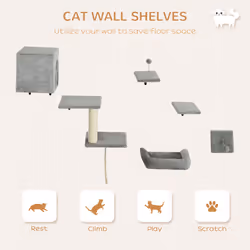 PawHut 6-Piece Cat Wall Shelves Set, Cat Wall Furniture with Condo, Grey - Additional view 4