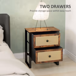 HOMCOM Bedside Table with 2 Rattan Drawers and Steel Legs, Rustic Brown - Additional view 4