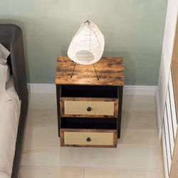 HOMCOM Bedside Table with 2 Rattan Drawers and Steel Legs, Rustic Brown - Additional view 6