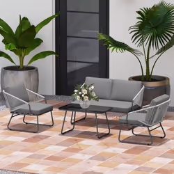 Outsunny 4 Piece Rattan Garden Furniture Set with Cushions, Grey - Additional view 8