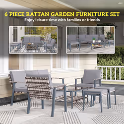 Outsunny 7 Seater Rattan Garden Furniture Set with Glass Coffee Table Grey