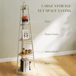 HOMCOM 5-Tier Corner Shelf, Shelving Unit with Adjustable Feet, Natural Wood
