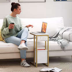 HOMCOM C Shaped Side Table, Faux Marble Bedside Table with Charging Station