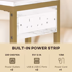 HOMCOM C Shaped Side Table, Faux Marble Bedside Table with Charging Station