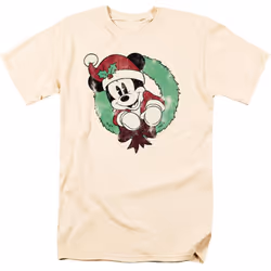 Disney Mens Mickey Mouse Vintage Wreath Christmas T-Shirt - XL, Natural