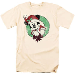 Disney Mens Mickey Mouse Vintage Wreath Christmas T-Shirt - XL, Natural