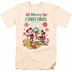 Disney Mens Mickey & Minnie Mouse Wreath Christmas T-Shirt - XXL, Natural