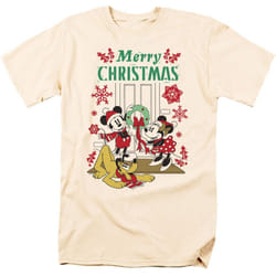 Disney Mens Mickey & Minnie Mouse Wreath Christmas T-Shirt - XL, Natural