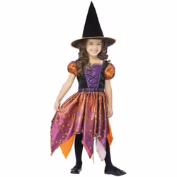 Smiffys Girls Witch Moon & Stars Costume Set - 10-12 Years, Black/Orange/Purple