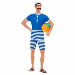 Smiffys Mens 20s Bathing Suit Costume Set - M, White/Blue