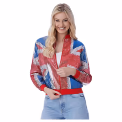 Smiffys Womens/Ladies Union Jack Sequins Bomber Jacket - XS, Red/Blue/Silver