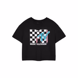 MTV Womens/Ladies Checkerboard Logo Short-Sleeved Crop T-Shirt - 3XL, Black