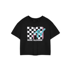 MTV Womens/Ladies Checkerboard Logo Short-Sleeved Crop T-Shirt - 3XL, Black