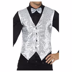 Smiffys Unisex Adult Sequin Costume Vest - XL, Silver