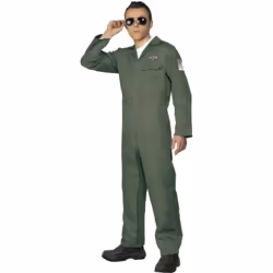 Smiffys Mens Aviator Costume Jumpsuit - XL, Green