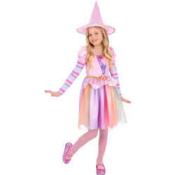 Smiffys Girls Pastel Rainbow Halloween Witch Costume - 4-6 Years, Multicoloured