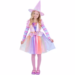 Smiffys Girls Pastel Rainbow Halloween Witch Costume - 7-9 Years, Multicoloured