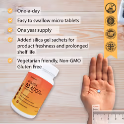 Wellington's Premium 4000iu Vitamin D3, High-Potency, Easy-to-Swallow, 365 Micro Vegetarian Tablets for Year-Round Immune Support, Enhanced Bone