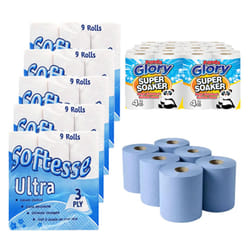 MEGA TISSUE ROLLS BUNDLE 45 x Toilet 3ply 24 x Kitchen 6 x Blue Rolls