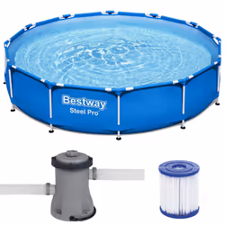 10|12ft BestWay Steel Pro Frame Swimming Pool Set Round Above Ground Filter Pump - 12''X30 + Pool Filter