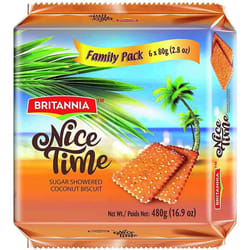 Britannia Nice Time Coconut Biscuit Family Pack 480g , Topped with Sugar Crystals ,Offers A Wholesome Teatime Experience - PACK OF 1