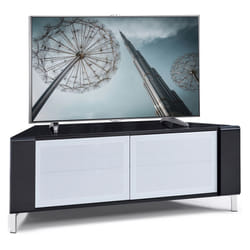 MDA Designs CORVUS Corner-Friendly Black Contemporary Cabinet with White BeamThru Glass Doors for Flat Screen TVs up to 50"