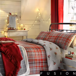 Fusion Robin Brushed Cotton Duvet Cover Set Single Bed Size in Red & Grey
