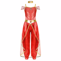 Girls Arabian Princess Costume Sleeveless Shiny Sequins Long Jumpsuit Bodysuit with Choker for Cosplay Belly Dance Dress Up - purple, 13-14 Years