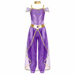Girls Arabian Princess Costume Sleeveless Shiny Sequins Long Jumpsuit Bodysuit with Choker for Cosplay Belly Dance Dress Up - light blue, 13-14 Years