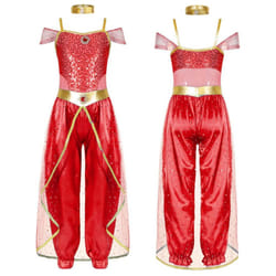 Girls Arabian Princess Costume Sleeveless Shiny Sequins Long Jumpsuit Bodysuit with Choker for Cosplay Belly Dance Dress Up - red, 5-6 Years