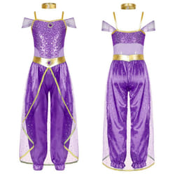 Girls Arabian Princess Costume Sleeveless Shiny Sequins Long Jumpsuit Bodysuit with Choker for Cosplay Belly Dance Dress Up - purple, 15-16 Years