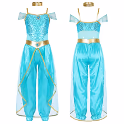 Girls Arabian Princess Costume Sleeveless Shiny Sequins Long Jumpsuit Bodysuit with Choker for Cosplay Belly Dance Dress Up - ...