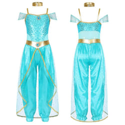 Girls Arabian Princess Costume Sleeveless Shiny Sequins Long Jumpsuit Bodysuit with Choker for Cosplay Belly Dance Dress Up - light blue, 7-8 Years