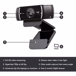 Logitech C922x Pro Stream Webcam - Full 1080p HD Camera