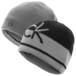 Calvin Klein Mens 2021 CK Logo Reversible Striped Knit Beanie Hat - One Size, Black/Silver