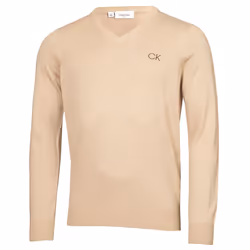 Calvin Klein Mens V-Neck Tour Durable Comfort Golf Sweater - L, Latte