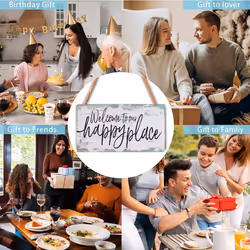 Welcome to our happy place sign decor 6""""x12"""" Wood Hanging D?cor for front door home sign