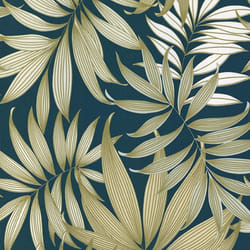 Grandeco Vogue Wallpaper Metallic Tropical Forest Palm Leaves Jungle Rainforest - A45303 Dark Teal Gold
