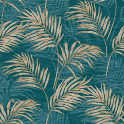 Grandeco Lounge Palm Leaves Wallpaper Metallic Tropical Tree Leaf Rainforest - A46105 Teal Taupe Gold