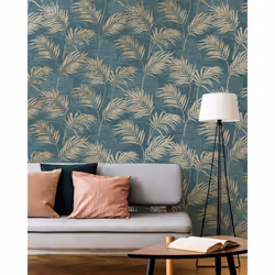 Grandeco Lounge Palm Leaves Wallpaper Metallic Tropical Tree Leaf Rainforest - A46105 Teal Taupe Gold