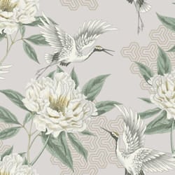 Flying Cranes Neutral Wallpaper Grandeco Birds Green Leaves Geometric Metallic