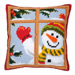 Vervaco Snowman Looking Out Window Cross Stitch Cushion, Multi-Colour