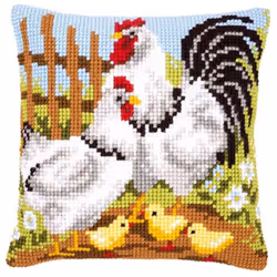 Vervaco Rooster Family Cross Stitch Cushion, Multi-Colour