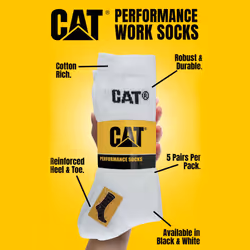 CAT - Mens 5 Pack Durable Cotton Performance Work Socks - 9-11 UK, White