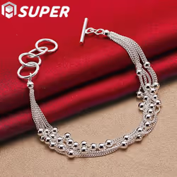 925 Sterling Silver Smooth Beads Multi-Chain Bracelet  Jewelry