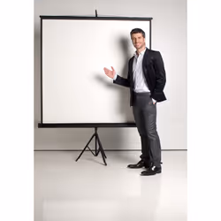 Bi-Office Tripod Projection Screen with matt white Projection surface. rugged steel case. chrome legs and carry handle. Easy ...