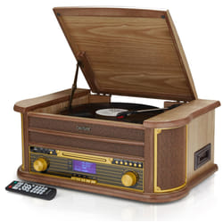 Denver MRD-51BT Retro Record Player Turntable Music Centre With CD Player, DAB & FM / AM Radio, Bluetooth, Record Player, Cassette, MP3 U - Light Wood