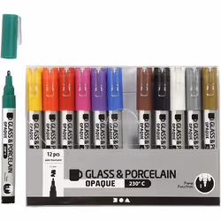 Creativ Company Glass & Porcelain Pens, Line 1-2 mm, Opaque, Assorted Colours, 12 pc, 1 Pack, 12 pc(s), Black, Blue, Brown, G ...